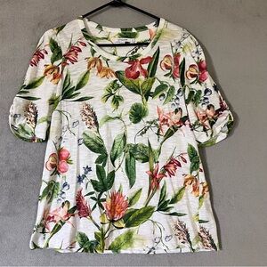 Chicos Puff Sleeve Shirt White Floral Slub Knit Womens XL 3 Cotton Modal